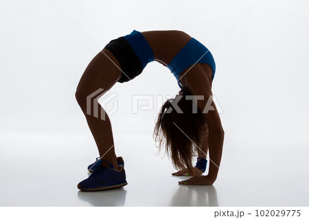 Sporty flexible girl doing stretching exercise Sporty flexible girl doing stretching exercise 102029775