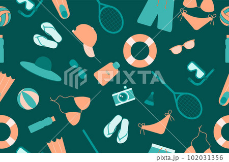 Summer seamless pattern. Accessories for sea holidays. Suitable for printing, textiles, backgrounds, wallpaper, wrapping paper, packaging. Summer seamless pattern. Accessories for sea holidays. Suitable for printing, textiles, backgrounds, wallpaper, wrapping paper, packaging. 102031356