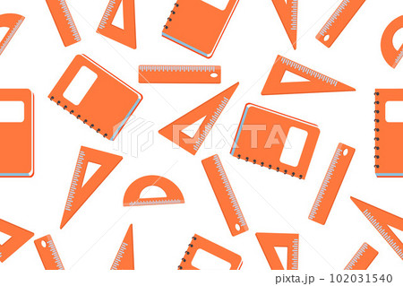 Seamless pattern of school rulers and notepad. School education, the concept of education, study, mathematics and geometry, drawing tools. Vector illustration. 102031540