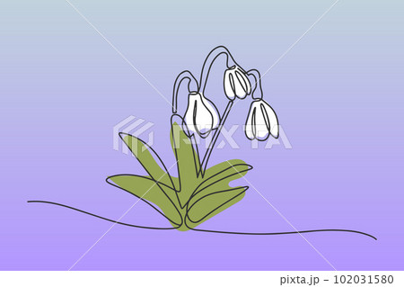 One line snowdrop isolated on blue background. Vector illustration continuous one line of white snowdrop. Spring card with snowdrop. Spring flower 102031580