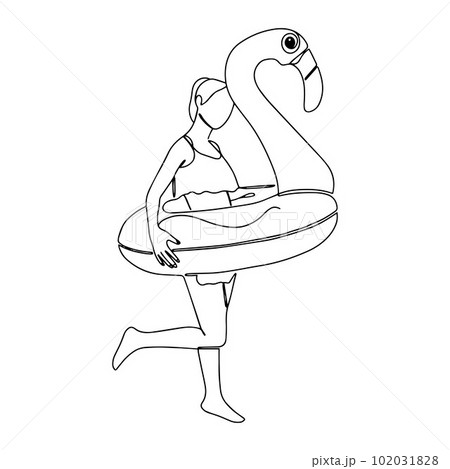 Drawing with one line. A hand-drawn vector summer illustrative postcard with a girl standing in a circle with a flamingo. A summer colorful element for your design. 102031828