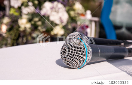 Two microphones lying on a table. Public speaking, performing Two microphones lying on a table. Public speaking, performing 102033523