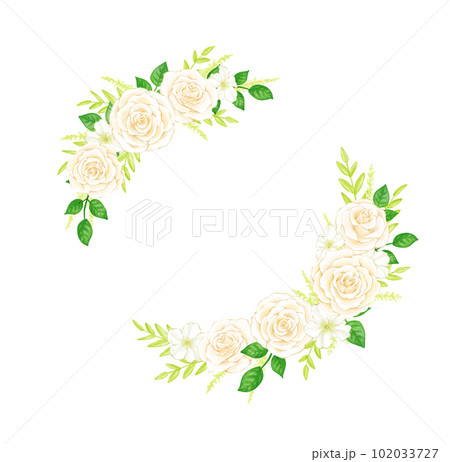 手描き水彩の白いバラとペチュニアの円フレーム 102033727