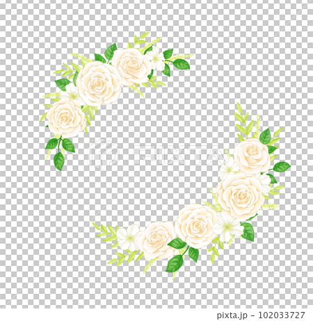 手描き水彩の白いバラとペチュニアの円フレーム 102033727