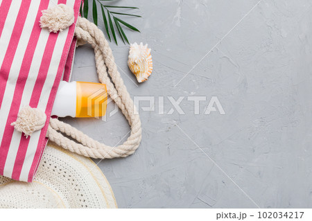 Summer vacation concept flat lay. beach accessories and towel top view. Space for text. travel concept Summer vacation concept flat lay. beach accessories and towel top view. Space for text. travel concept 102034217