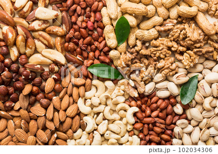 different nuts frame background. Close up, top view, flat lay with vopy space. Walnut, pistachios, almonds, hazelnuts and cashews different nuts frame background. Close up, top view, flat lay with vopy space. Walnut, pistachios, almonds, hazelnuts and cashews 102034306