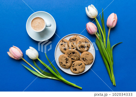 Cup of coffee mug with coffee, cookies and tulips on a colored background. Greeting spring card top view 102034333
