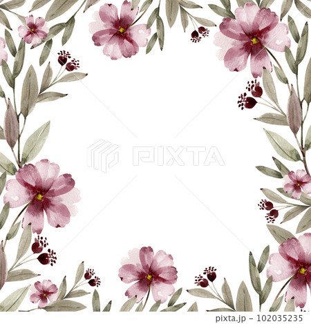 Square frame with delicate pink watercolor flowers painted by hand. Square frame with delicate pink watercolor flowers painted by hand. 102035235
