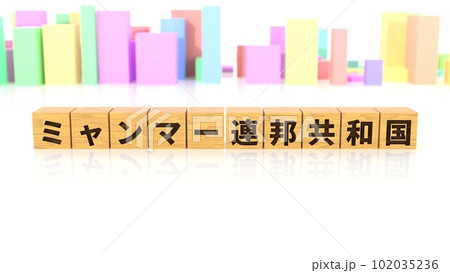 ミャンマー連邦共和国という国名が印字された木製ブロック 102035236