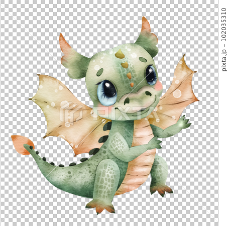 Cute fairytale baby dragon with wings in cartoon style, watercolor illustration. 102035310