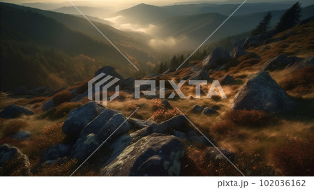 Early morning sunrise in Carpathian mountains. Magnificent Gorgany landscape. AI generated. 102036162