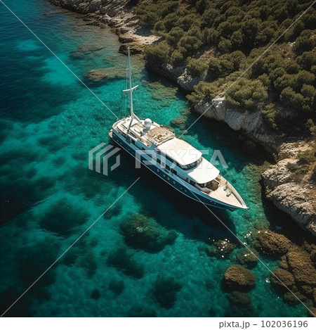 Aerial view of luxury yacht next to mediterranean island paradise. AI generated. 102036196