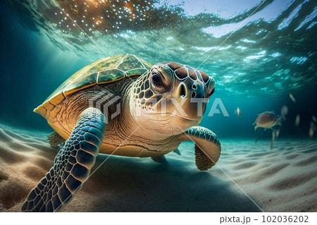Close Up portrait of happy sea turtle swimming underwater. AI generated. 102036202