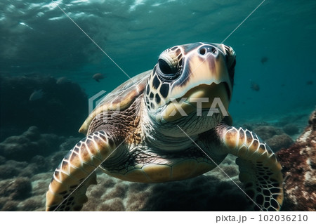 Close Up portrait of happy sea turtle swimming underwater. AI generated. 102036210