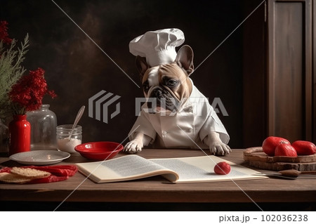White cute french bulldog wearing chef clothes cooking. AI generated. 102036238