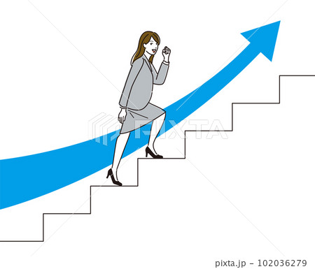 ガッツポーズをしながら階段を上る女性ビジネスパーソンと上昇する矢印 102036279