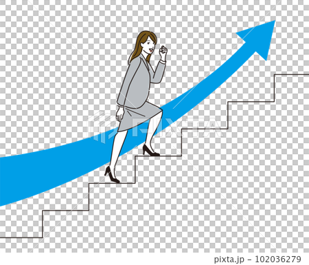 ガッツポーズをしながら階段を上る女性ビジネスパーソンと上昇する矢印 102036279
