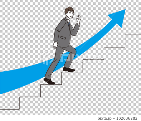 Businessman climbing stairs while doing guts pose and rising arrow Businessman climbing stairs while doing guts pose and rising arrow 102036282
