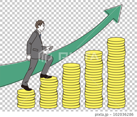 お金でできたグラフの階段を上るビジネスマンと上向きの矢印 お金でできたグラフの階段を上るビジネスマンと上向きの矢印 102036286