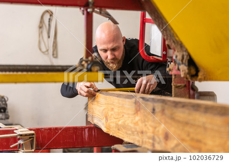 Professional carpenter cutting huge wood to small pieces, joinery concept 102036729