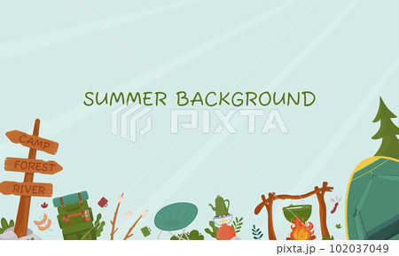 Background for summer camping, travel, trip, hiking, tourist, nature, travel, picnic. Design of a poster, banner, leaflet, cover, special offer, advertisement. Vector illustration in a flat style. Background for summer camping, travel, trip, hiking, tourist, nature, travel, picnic. Design of a poster, banner, leaflet, cover, special offer, advertisement. Vector illustration in a flat style. 102037049
