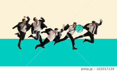 Self-ambitions. Man, employee running forward to financial growth. Personal competition. Contemporary art collage. Self-ambitions. Man, employee running forward to financial growth. Personal competition. Contemporary art collage. 102037139
