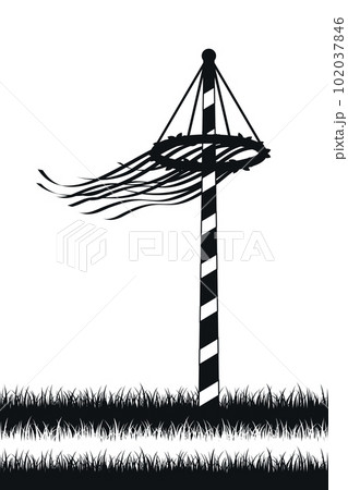 maypole with ribbons on meadow silhouette on white 102037846