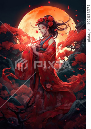 Japanese cartoon anime girl in a dress in a flower field on a full moon Japanese cartoon anime girl in a dress in a flower field on a full moon 102038571