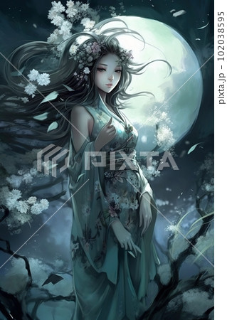 Japanese cartoon anime girl in a kimono dress in a flower field on a full moon Japanese cartoon anime girl in a kimono dress in a flower field on a full moon 102038595