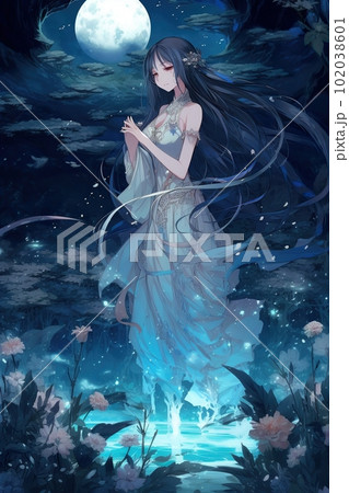 Japanese cartoon anime girl in a kimono dress in a flower field on a full moon Japanese cartoon anime girl in a kimono dress in a flower field on a full moon 102038601