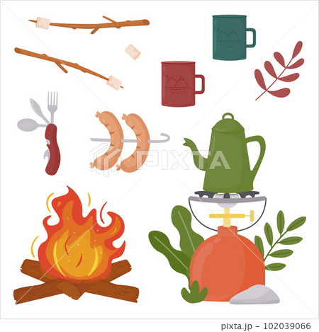 Camping kit. Gas stove with coffee kettle. The burner. Campfire, bonfire. Portable cutlery set - knife, spoon, fork, opener. Mug, cup. Smoked sausages on a skewer for frying on fire. Marshmallows. Camping kit. Gas stove with coffee kettle. The burner. Campfire, bonfire. Portable cutlery set - knife, spoon, fork, opener. Mug, cup. Smoked sausages on a skewer for frying on fire. Marshmallows. 102039066