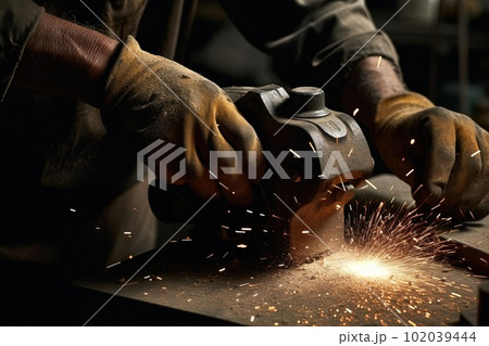 grinder sparks grinding metal detail Close-up of worker cutting metal with grinder. Sparks while grinding iron illustration generative ai grinder sparks grinding metal detail Close-up of worker cutting metal with grinder. Sparks while grinding iron illustration generative ai 102039444