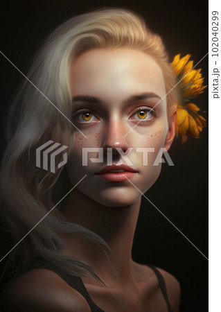 Artificial intelligence beautiful female face with flowers in her hair Artificial intelligence beautiful female face with flowers in her hair 102040299