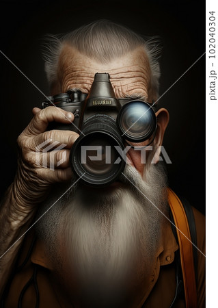 Artificial intelligence handsome old man with with a gray beard and a camera Artificial intelligence handsome old man with with a gray beard and a camera 102040304