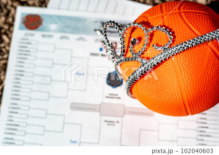 Basketball, tiara, and blank bracket signifying a Cinderella season. 102040603