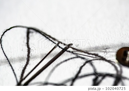 Sewing needle threader tool in use and a single black string. Sewing needle threader tool in use and a single black string. 102040725