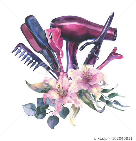 Watercolor Hairdressing illustration. Barber shop set. watercolor composition with hair dryer, hair iron, hair curling iron, brush, decorated with lily flowers and eucalyptus leaves 102040811