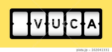 Black color in word VUCA (abbreviation of Volatility, uncertainty, complexity and ambiguity) on slot banner with yellow color background 102041331
