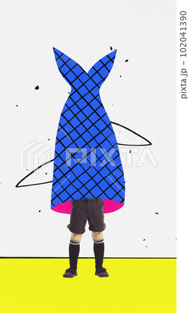 Fancy dress costume. Contemporary art collage with cropped little, funny boy wearing huge fishtail over white and yellow background. 102041390