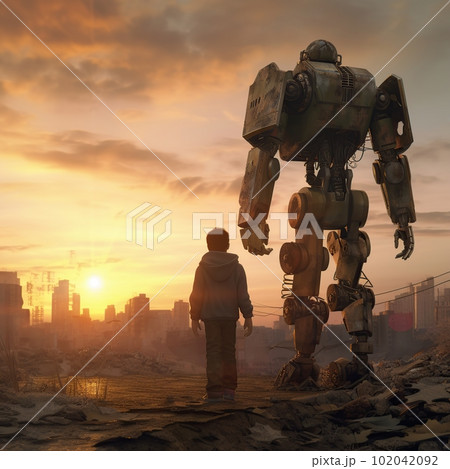 Robot and man on the ruins of the destroyed city made with generative AI Robot and man on the ruins of the destroyed city made with generative AI 102042092