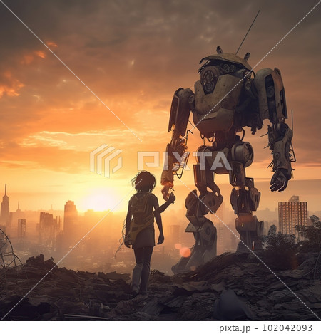 Robot and man on the ruins of the destroyed city made with generative AI 102042093