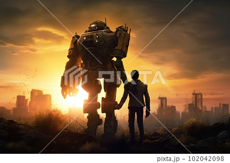 Robot and man on the ruins of the destroyed city made with generative AI Robot and man on the ruins of the destroyed city made with generative AI 102042098