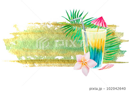 Watercolor illustration on a tropical theme. Drawing a multicolored drink in a glass and a Hawaiian flower.Hawaii Watercolor illustration on a tropical theme. Drawing a multicolored drink in a glass and a Hawaiian flower.Hawaii 102042640