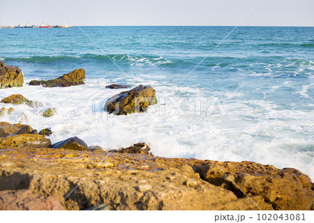 Stony sea coast of Bulgaria-sun, sea, beach. 102043081
