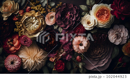 Dark moody floral roses peonies flowers background 102044923