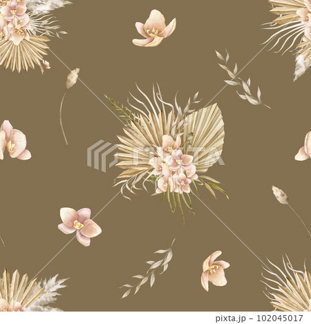 Seamless watercolor Pattern with dried Palm leaves and orchid flowers on dark brown background. Hand drawn illustration of floral ornament for textile design or wrapping paper. Tropical backdrop. 102045017