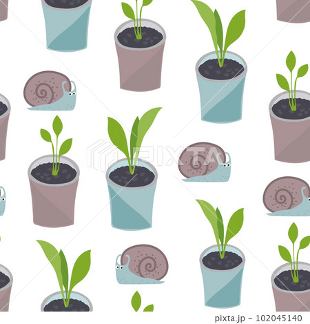 home flowers in pots and doodle snails. seamless vector pattern 102045140