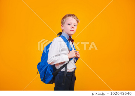 Clever young boy with backpack going at school on yellow background 102045640