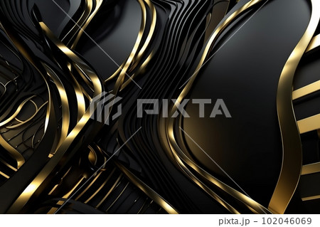 Futuristic abstract shapes in black and gold colors, luxury background and textures made with generative AI 102046069