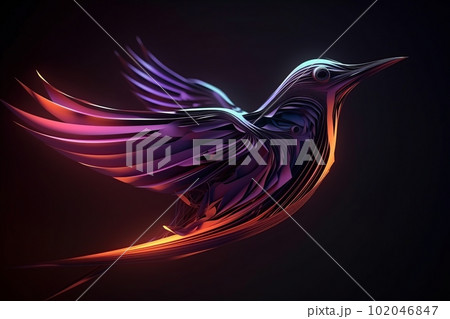 Futuristic glowing low poly flying bird, abstract dark bird isolated on dark background made with generative AI 102046847